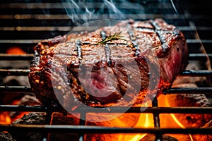 Appetitive spices beef steak sizzling over flaming grill. Gourmet food. Delicious food photo