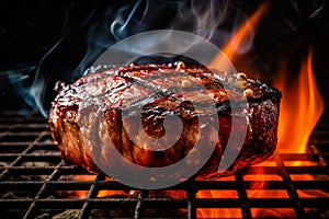 Appetitive spices beef steak sizzling over flaming grill. Gourmet food. Delicious food photo