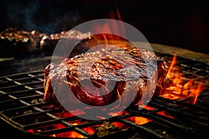 Appetitive spices beef steak sizzling over flaming grill. Gourmet food. Delicious food photo