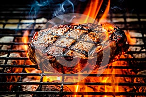 Appetitive spices beef steak sizzling over flaming grill. Gourmet food. Delicious food photo