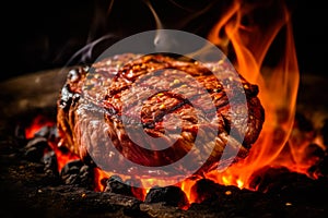 Appetitive spices steak cooking over flaming grill. Gourmet food. Delicious food. Generative AI