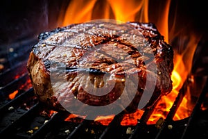 Appetitive steak cooking over flaming grill. Gourmet food. Delicious food. Generative AI