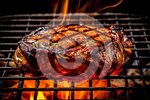 Appetitive steak sizzling over flaming grill. Gourmet food. Delicious food. Generative AI