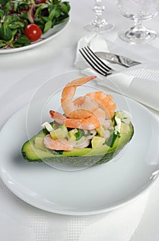 Appetizer of avocado with prawns