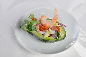 Appetizer of avocado with prawns