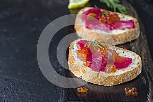 Ciabatta with beet Gravlax salmon with caviar