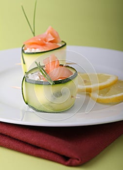 Appetizer, cucumber roll with salmon