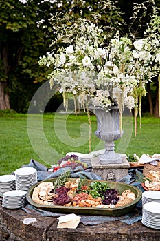 An appetizer display during the cocktail hour of a catered wedding or other special event