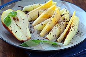 Appetizer of fresh pear cheese and chocolate