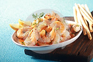 Appetizer of grilled pink prawns or shrimp