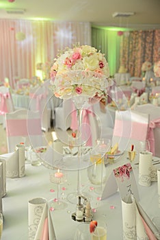 Appetizer a ham and a beautiful table setting at a wedding