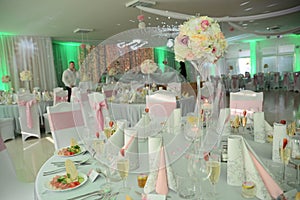 Appetizer a ham and a beautiful table setting at a wedding