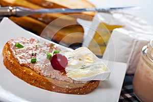 Toast with pate and blue cheese photo