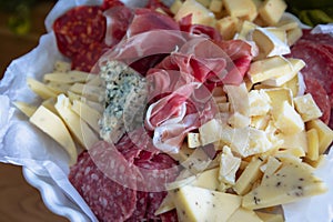 Appetizer plate: various cheeses, salami and ham on the table