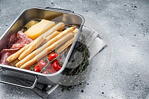 Appetizer platter with grissini bread sticks, salami, tomato and parmesan cheese. Gray bakground. Top view. Copy space