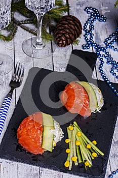 Appetizer with rice, corn and salmon