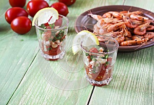 Appetizer with shrimp in small glasses