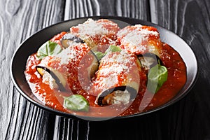 Appetizer of stuffed eggplant with ricotta cheese in tomato sauce close-up in a plate. horizontal