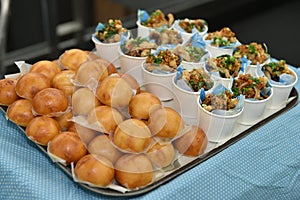 Appetizer of Thai food on tray in Party or event restaurant.