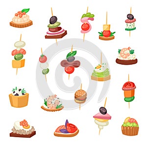 Appetizer vector appetizing food and snack meal starter canape appetiser sandwich illustration set of aperitif with photo