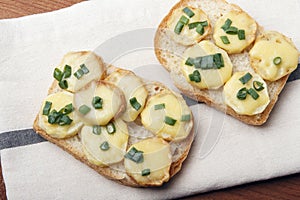 Appetizer of wheat bread, potatoes, cheese and green onions