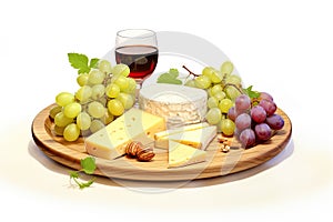 Appetizer for wine on a wooden plate. Wine, grapes and cheese. On a white background. AI Generated