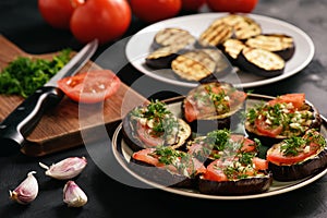 Appetizers- grilled eggplants with tomatoes, garlic and dill.