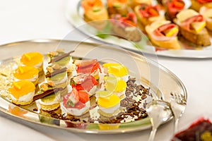 Appetizers mini desserts on catering buffet plate