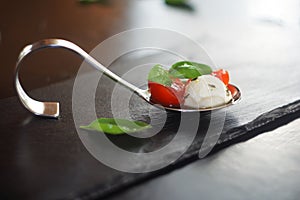 Appetizers with mozzarella and tomato on spoon - selective focus