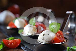 Appetizers with mozzarella and tomato on spoon - selective focus