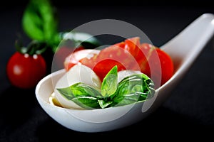 Appetizers with mozzarella and tomato on white spoon - selective focus