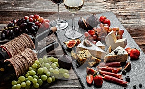 Appetizers. Sandwich with prosciutto and blue cheese. antipasti with red wine. banner, menu recipe place for text, top view