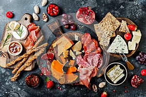 Appetizers table with italian antipasti snacks. Brushetta or authentic traditional spanish tapas set