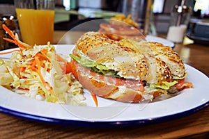 Appetizing bagel with salmon for breakfast