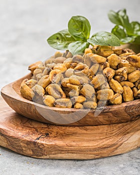 Appetizing beer snacks close up. Crunchy salty corn