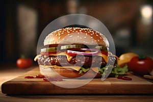 Appetizing big burger chicken. Generative AI. Burger day
