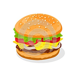 Appetizing big double cheeseburger with beef patties or steak, cheese, tomatoes, pickles, lettuce.