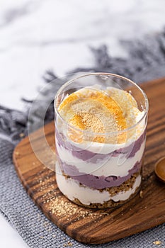 Appetizing blueberry trifle dessert in a glass cup