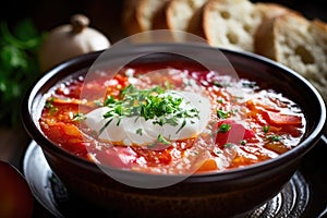 An appetizing bowl of Ukrainian borscht, a hallmark of the country\'s cuisine, graces the table. Generative AI photo