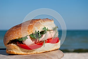 Appetizing burger sandwich on a background of blue sky and blue sea