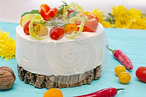 Appetizing cake with chicken meat, eggs and salad. Snack unsweetened cake