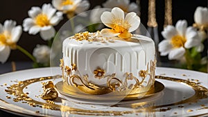 Appetizing cake white icing with flowers restaurant decoration festive glamor photo