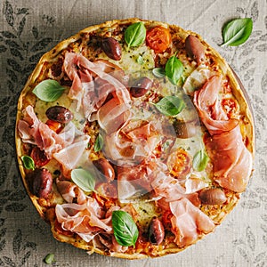 Italian pizza on rustic textile