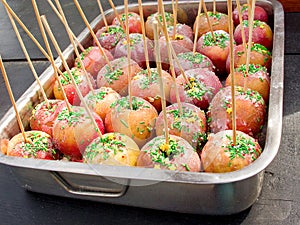 Appetizing delicious dessert baked caramel apples.