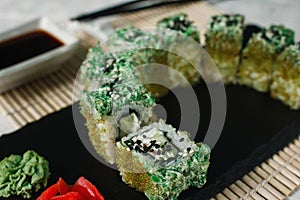 Appetizing fresh sushi, art food. Japanese cuisine