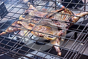 Appetizing grilled lamb on the spit. Roasted pig on traditional barbecue. Roasting barbecue is prepared of a ram pig baked pork me