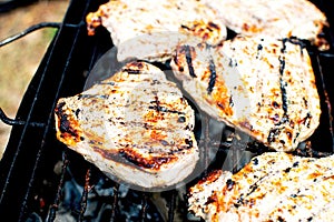 Appetizing grilled pork chop on flaming grill. Juicy meat on a metal wire rack.