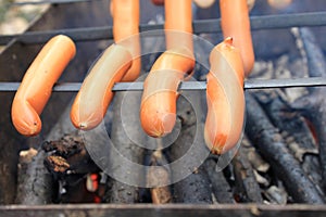 Appetizing grilled sausages on skewers