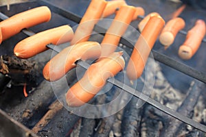 Appetizing grilled sausages on skewers