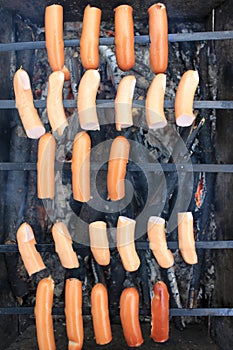 Appetizing grilled sausages on skewers